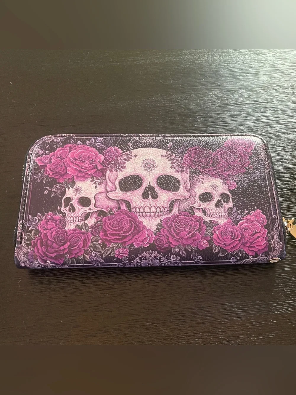 Women's Skull & Rose Zip-Around Wallet - Pink Floral Accent